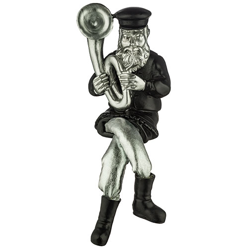 [UK49927] Resin figurine of a seated Hasid in black with silver-colored fabric legs, playing tuba 25 cm