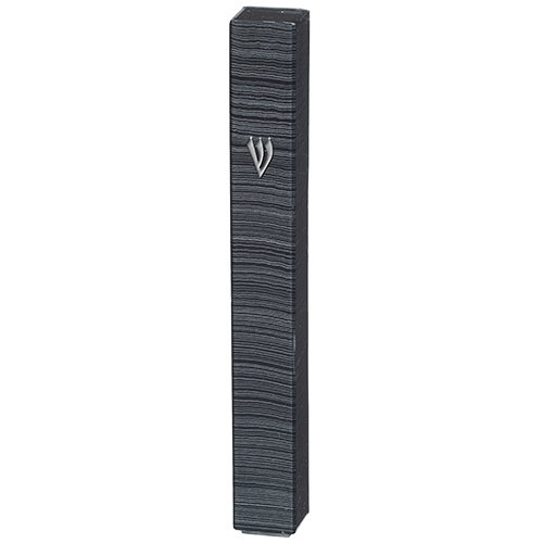 [UK23861] Plastic mezuzah 15 cm gray stripes, silver “Shin” with rubber cap