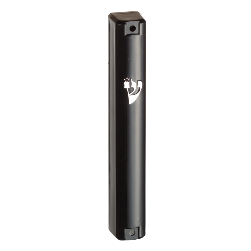 [UK23186] Plastic mezuzah 15 cm black with silver “Shin” and rubber cap