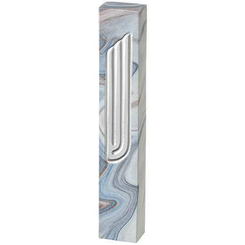 Ornate polymer-concrete mezuzah marble design with silver-colored “Shin” 15 cm