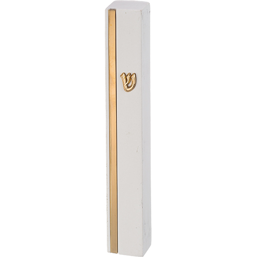 [UK24596] Cement-concrete mezuzah white with gold “Shin” 15 cm