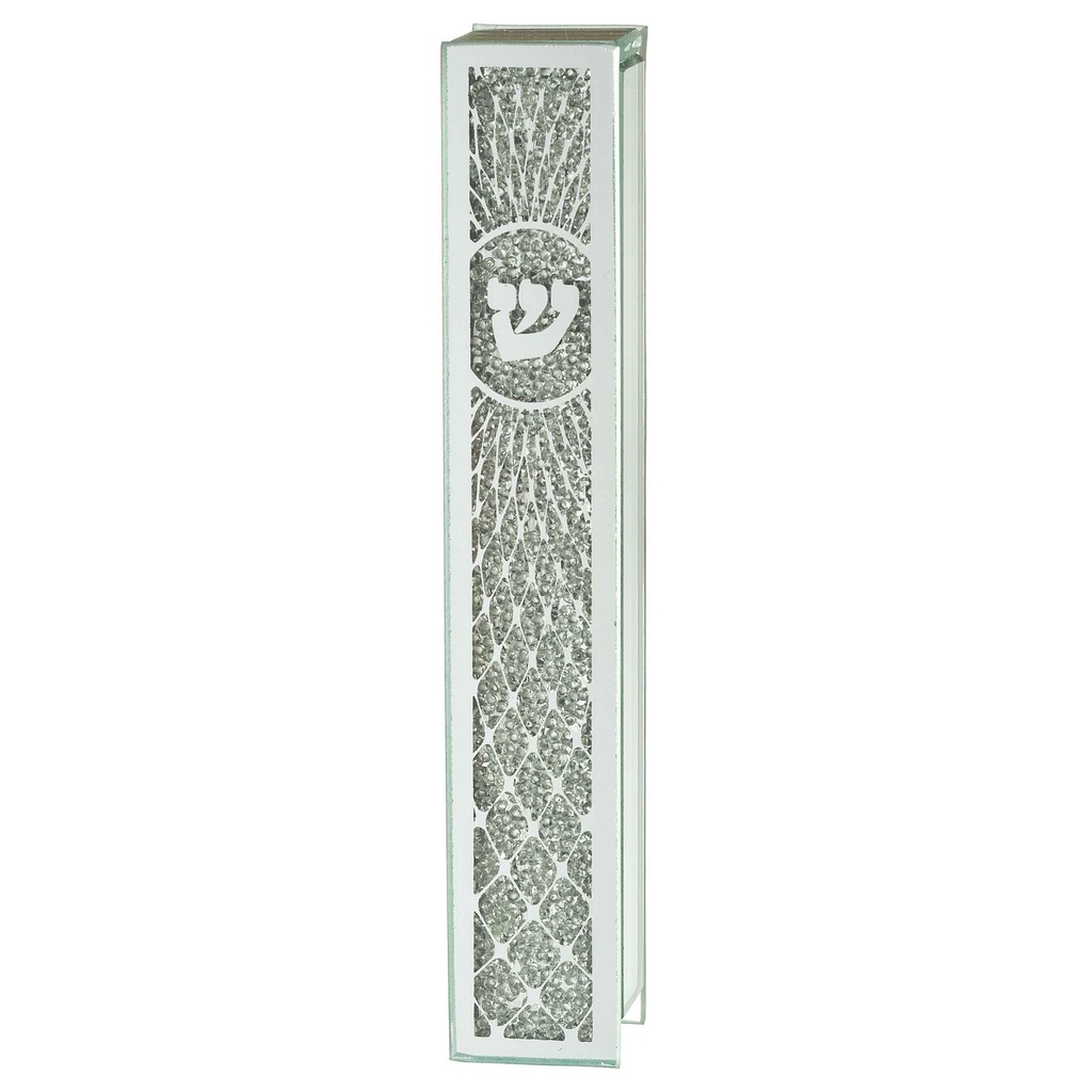 [UK24412] Ornate glass mezuzah with mirror and stones 15 cm